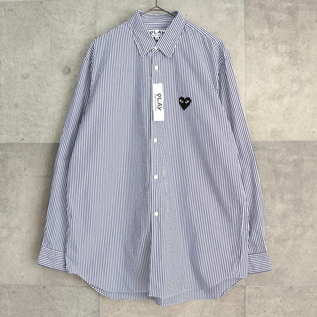プレイ コムデギャルソン ハートロゴ ストライプ柄 長袖シャツ ネイビー タグ付き未使用品