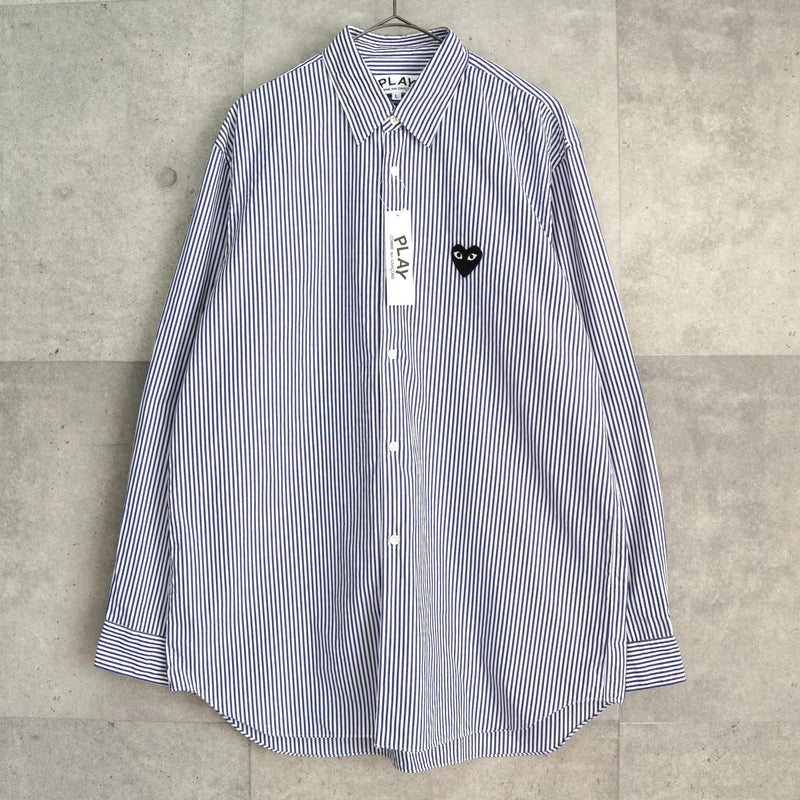 プレイ コムデギャルソン ハートロゴ ストライプ柄 長袖シャツ ネイビー タグ付き未使用品 - NEWSED