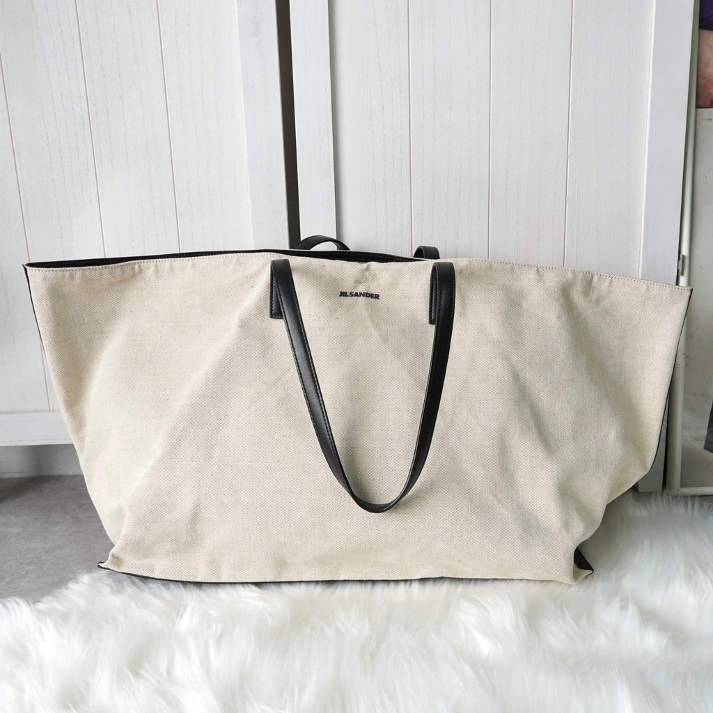 Jil Sander 标志帆布/皮革托特包，大容量，象牙色