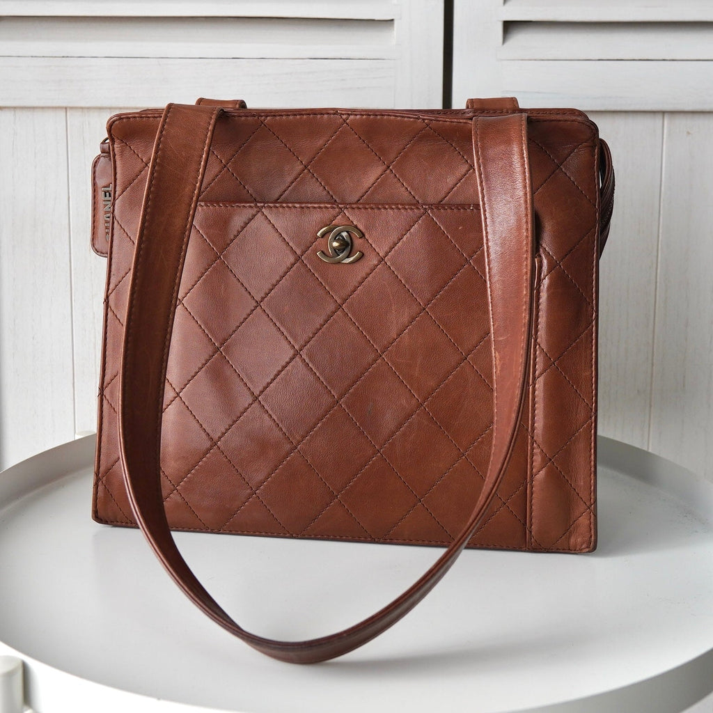 シャネル マトラッセ ラムスキン トップハンドル トートバッグ ハンドバッグ ブラウン 保存袋 ギャランティーカード付き付き