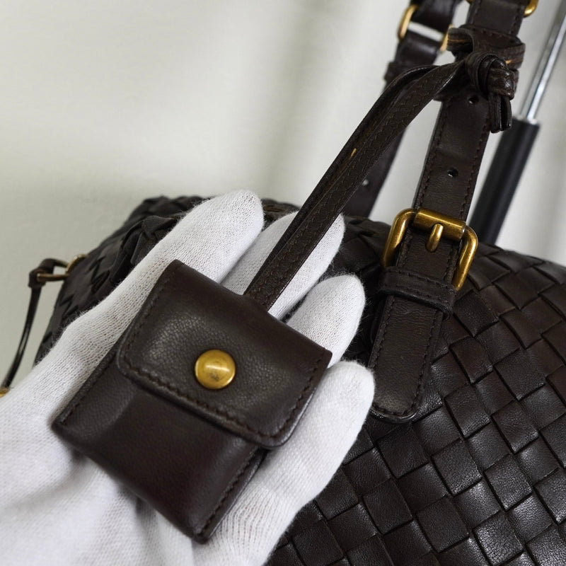 ボッテガ ヴェネタ イントレチャート レザー ミニボストンバッグ ハンドバッグ ブラウン - NEWSED