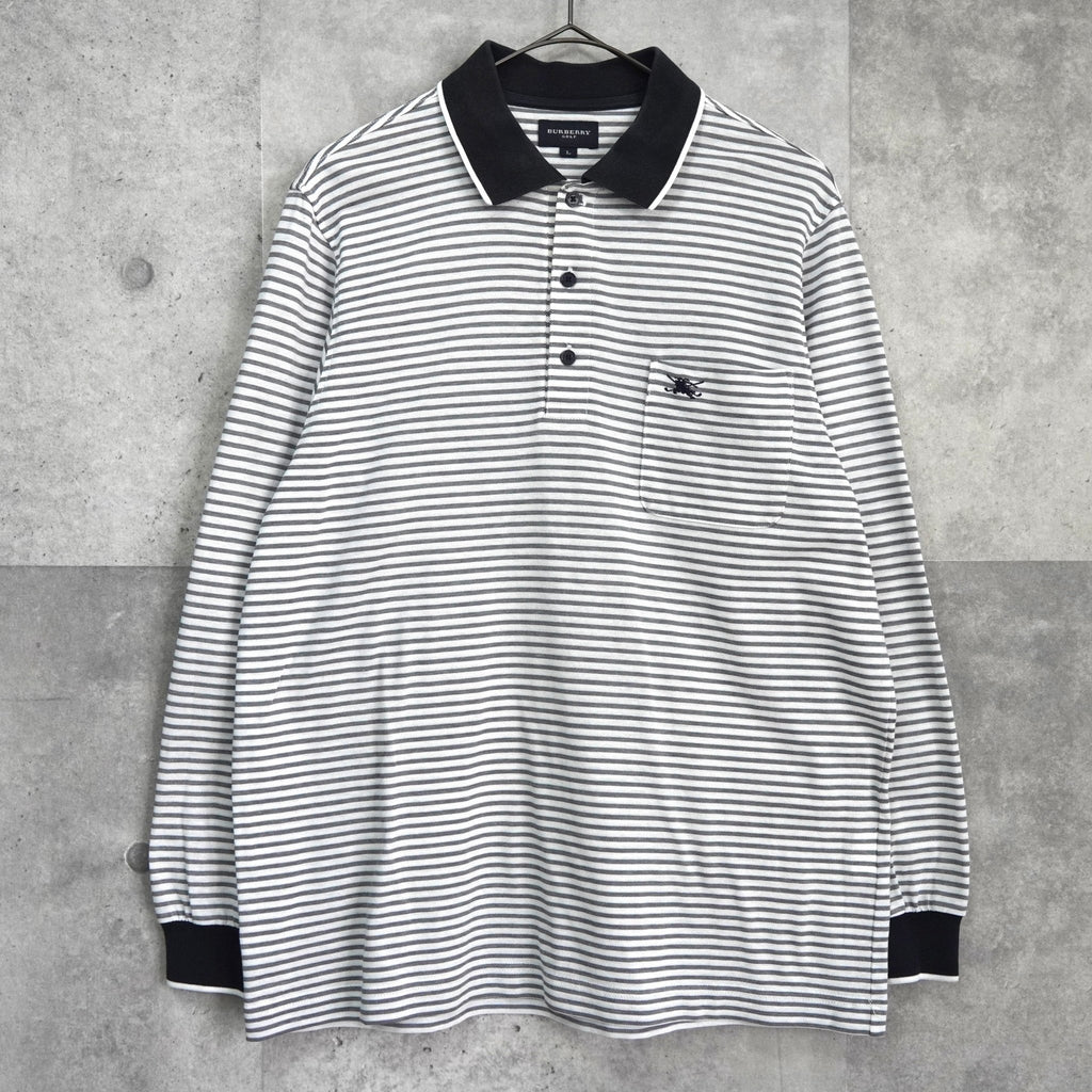 Burberry Border Horse Logo Embroidered Long Sleeve Polo Shirt in Gray/White