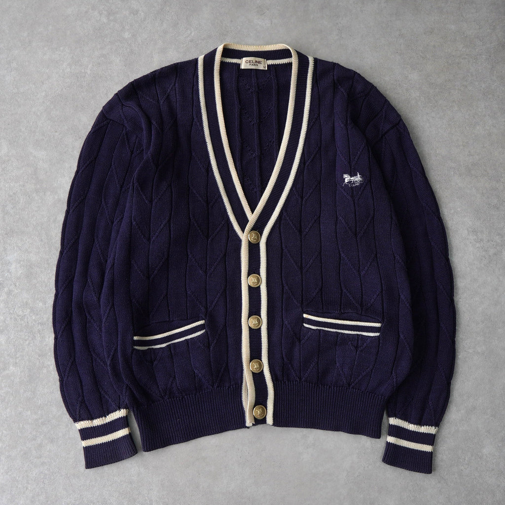 セリーヌ ヴィンテージ サルキー 馬車 刺繍 金ボタン カーディガン ネイビー/ホワイト