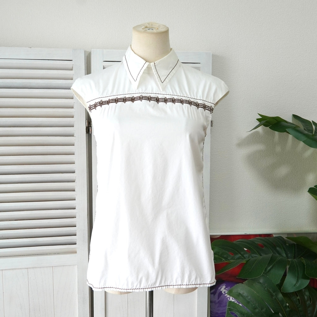 プラダ 刺繍 ノースリーブ シャツ ブラウス ホワイト レディース