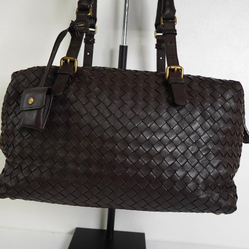 ボッテガ ヴェネタ イントレチャート レザー ミニボストンバッグ ハンドバッグ ブラウン - NEWSED