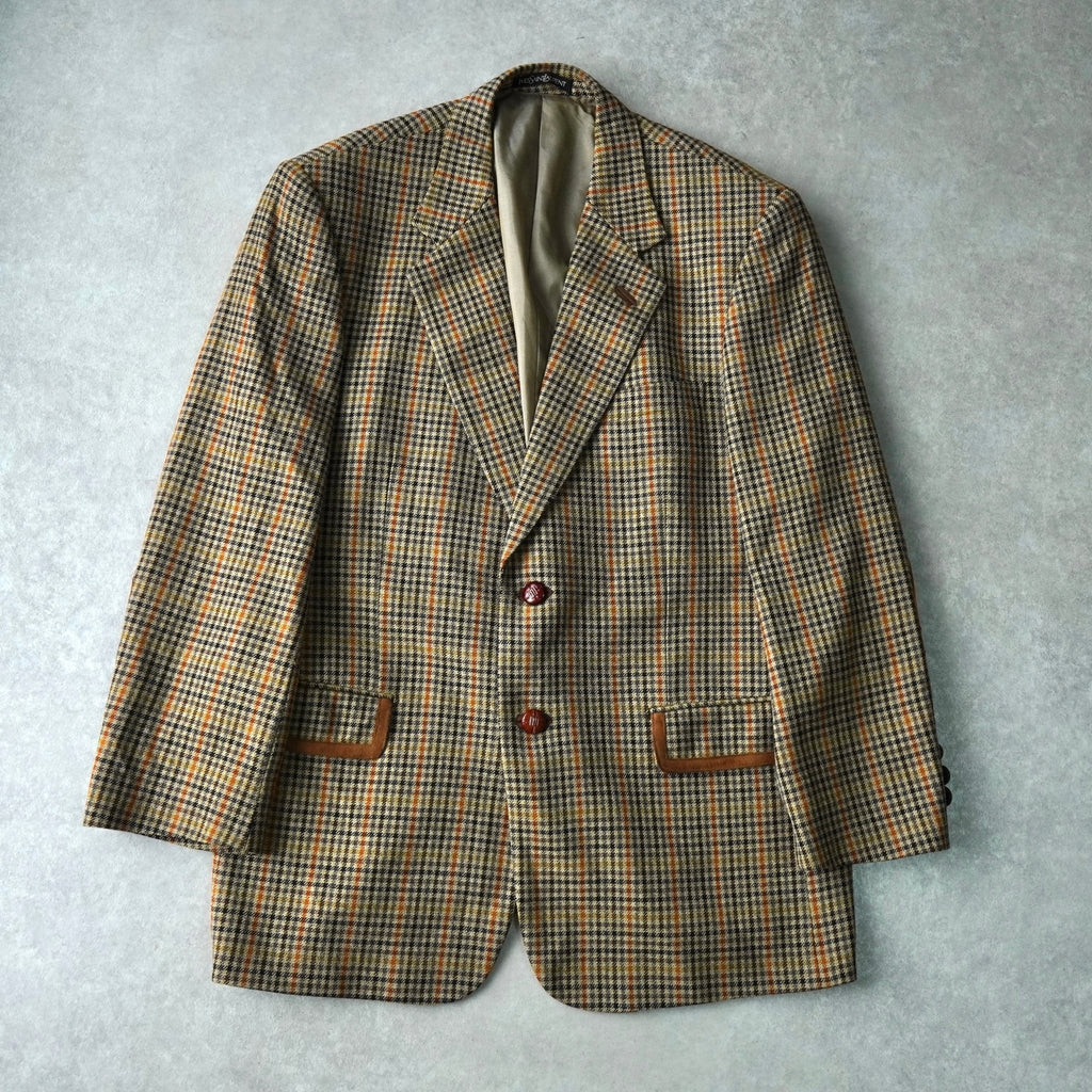 イヴ サンローラン ヴィンテージ  チェック柄 エルボーパッチ シングル テーラードジャケット ベージュ