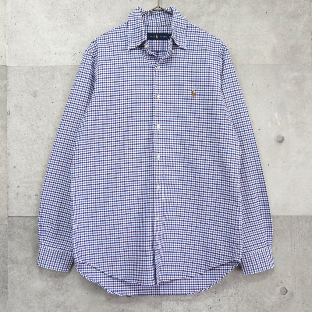 ポロ ラルフローレン 長袖シャツ ゴルフロゴ 刺繍 チェック柄 ブルー