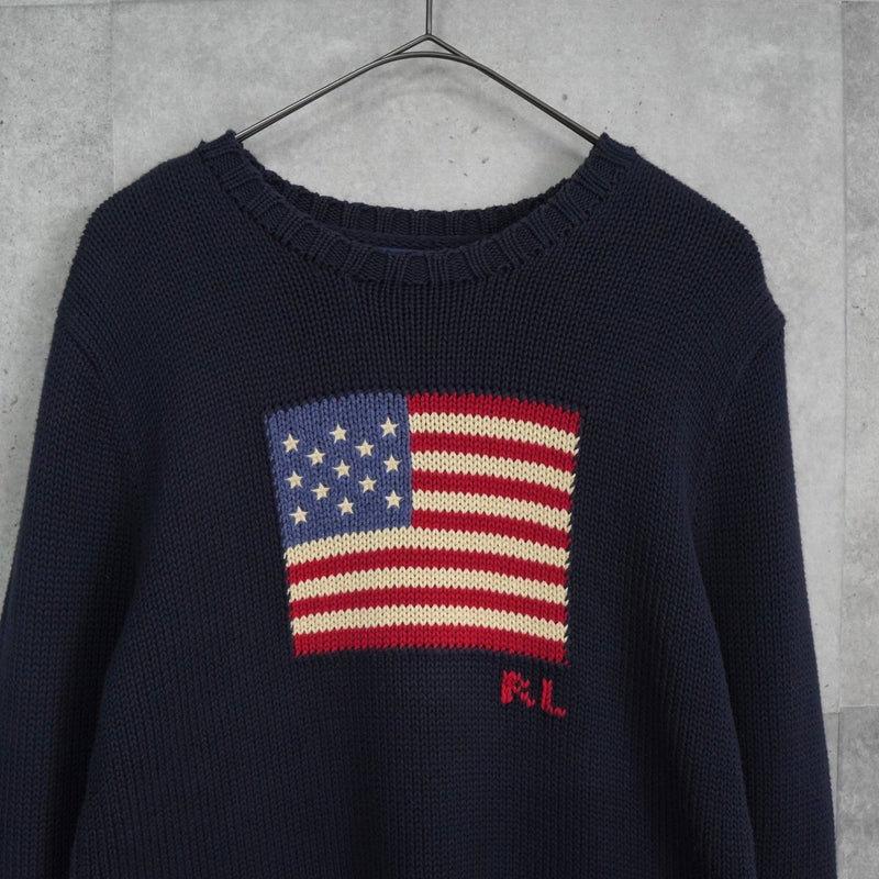 【最現行】極美品 RALPH LAUREN 星条旗 コットン ニット ネイビー ポロ ラルフローレン 星条旗 ニット コットン ニット ネイビー