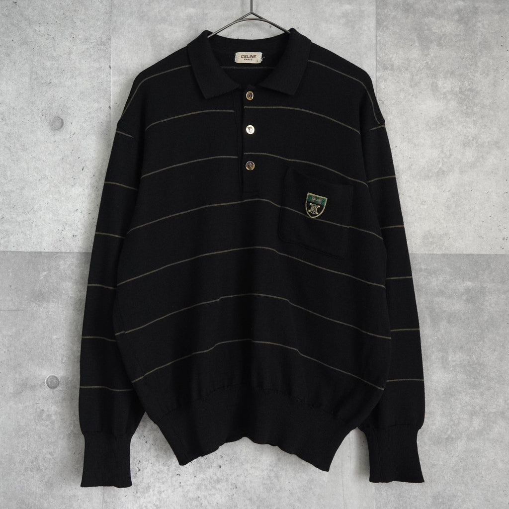 セリーヌ ヴィンテージ ボーダー柄 トリオンフ ワッペン 金ボタン シルク混紡 ポロニット ブラック