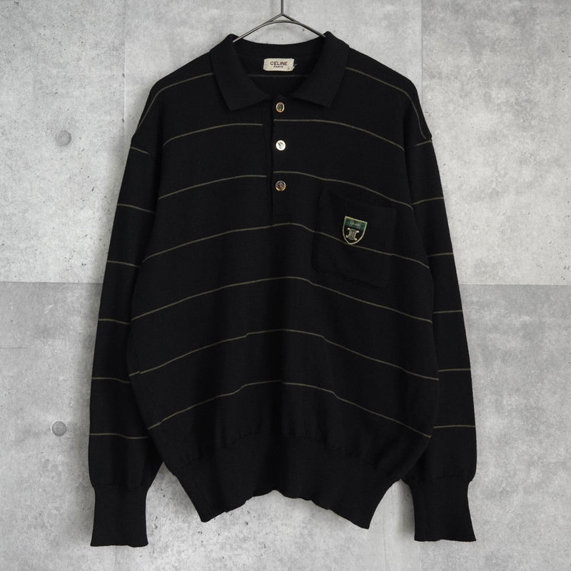 セリーヌ ヴィンテージ ボーダー柄 トリオンフ ワッペン 金ボタン シルク混紡 ポロニット ブラック - NEWSED