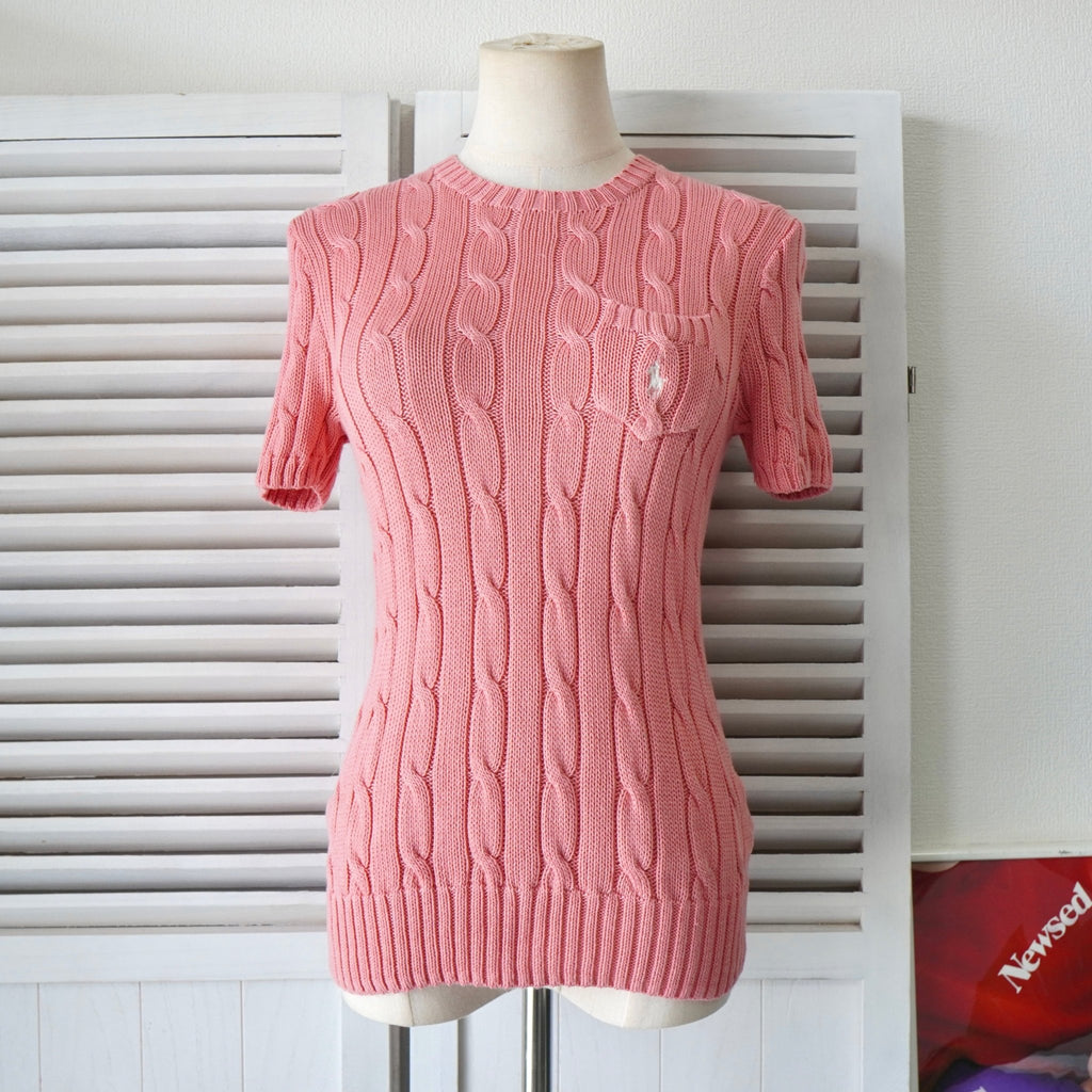 ラルフローレン コットン ケーブルニット LAUREN RALPH POLO ローレン ラルフ ポロ ピンク ケーブル編み ニット ポロシャツ ノースリーブ トップス