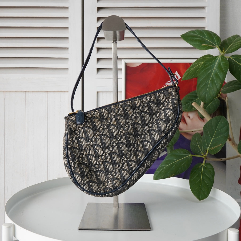 クリスチャン ディオール サドル キャンバス / レザー ハンドバッグ ワンショルダーバッグ ネイビー