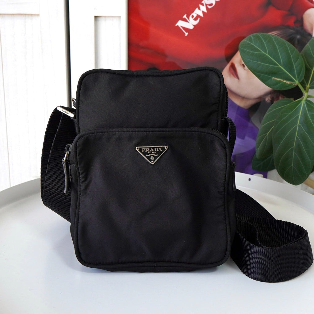 Prada Pocono Tessuto Nylon Triangle Plate Mini Shoulder Bag Black