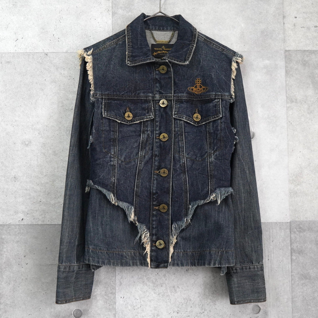 Vivienne Westwood Orb Embroidered Distressed Back Print Denim Jacket Blue Women's