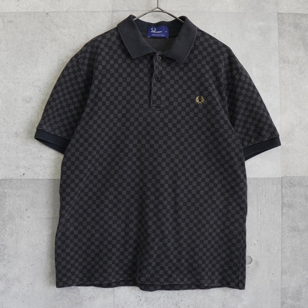 Fred Perry logo embroidered checkered short sleeve polo shirt in grey