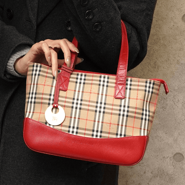 バーバリー ノバチェック ナイロンキャンバス / レザー ミニハンドバッグ ベージュ / レッド - NEWSED