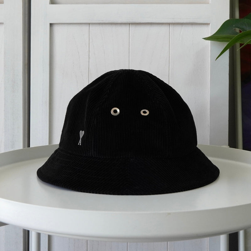 アミパリ アミ パリス ハートロゴ コーデュロイ バケットハット 帽子 ブラック - NEWSED