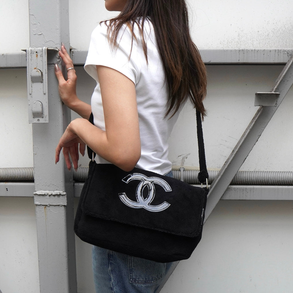 Chanel Coco Mark pile fabric novelty shoulder bag black