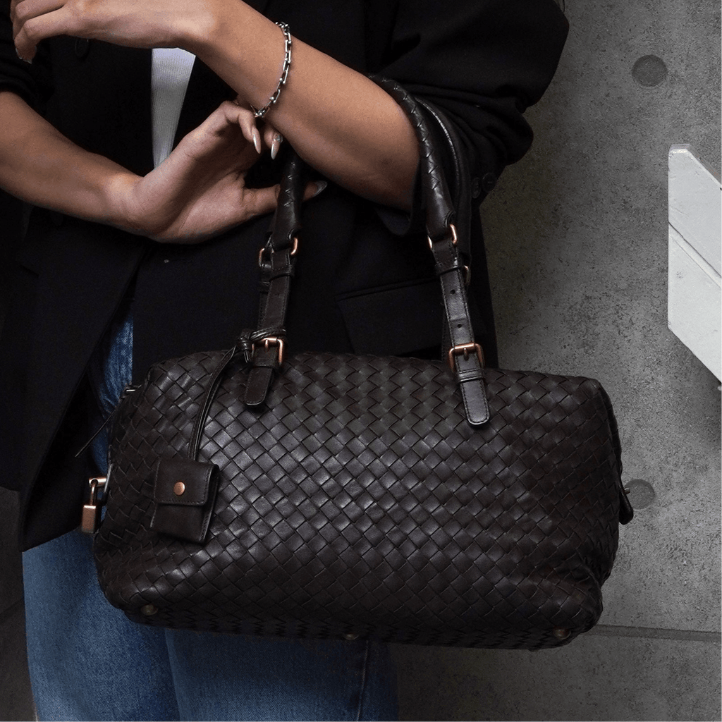 ボッテガ ヴェネタ イントレチャート レザー ミニボストンバッグ ハンドバッグ ブラウン