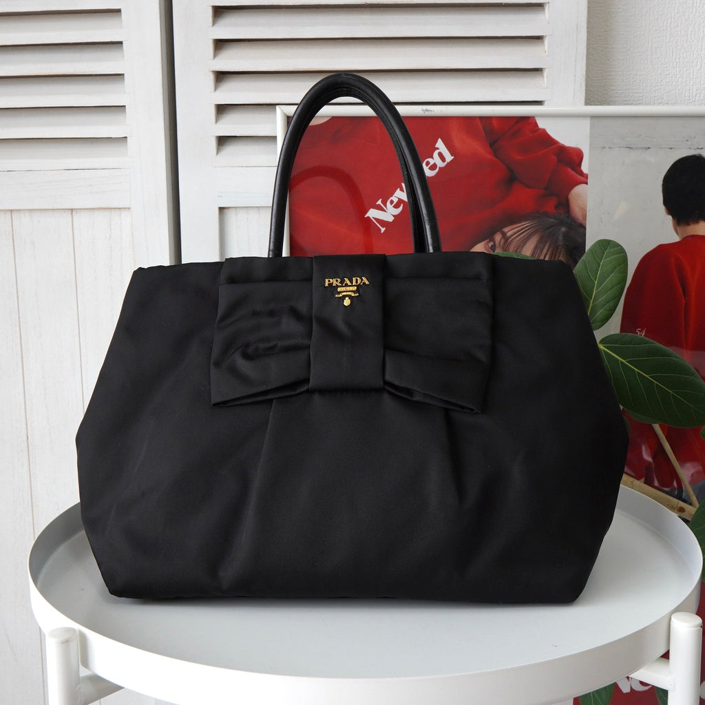 プラダ ポコノ テスート ナイロン リボン ハンドバッグ ブラック