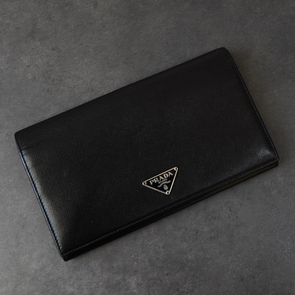 Prada Saffiano Leather Bi-fold Wallet Long Wallet Triangle Plate Black