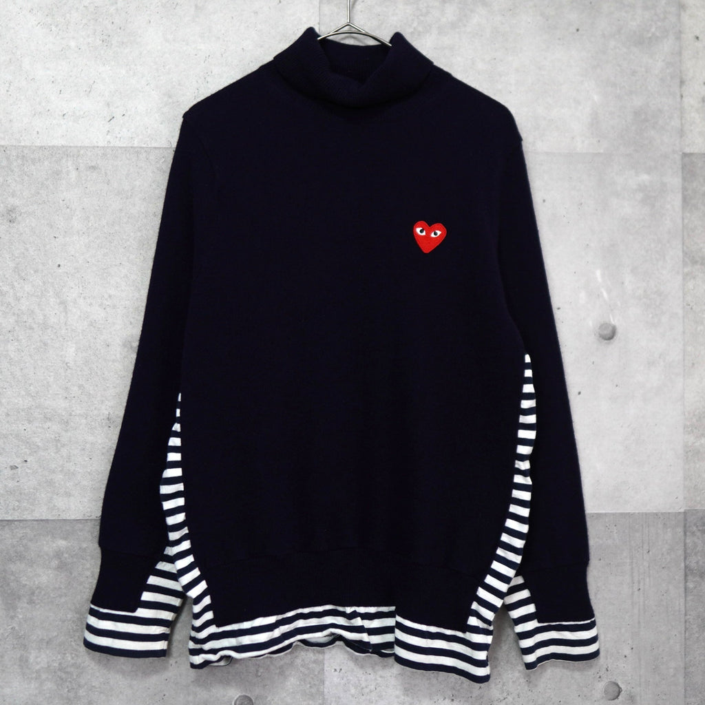 プレイ コムデギャルソン ハートロゴ タートルネック ボーダー柄 異素材切り替え ニット ネイビー