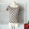 Burberry Blue Label Horse Logo Embroidered Nova Check Ribbon Short Sleeve Top Beige Women's