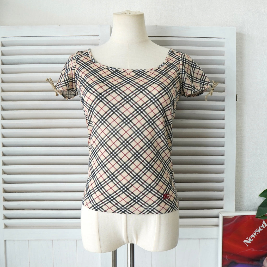 Burberry Blue Label Horse Logo Embroidered Nova Check Ribbon Short Sleeve Top Beige Women's