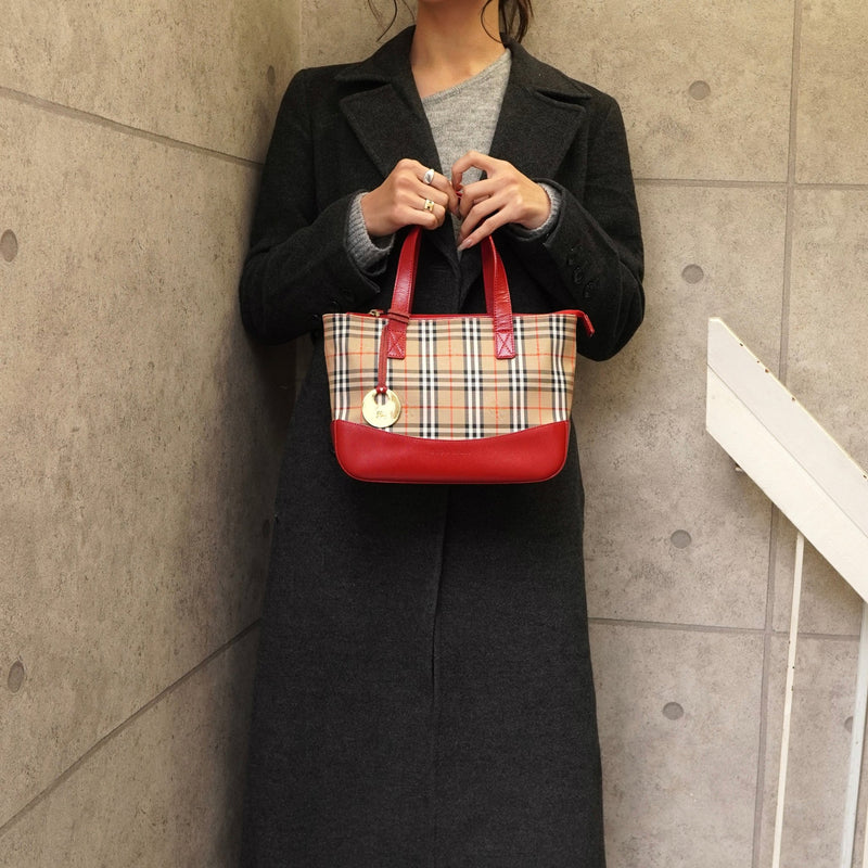 バーバリー ノバチェック ナイロンキャンバス / レザー ミニハンドバッグ ベージュ / レッド - NEWSED