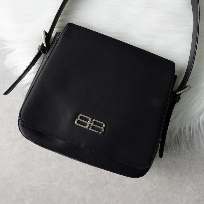 バレンシアガ BBロゴ ナイロン / レザー ワンショルダーバッグ ハンドバッグ ブラック