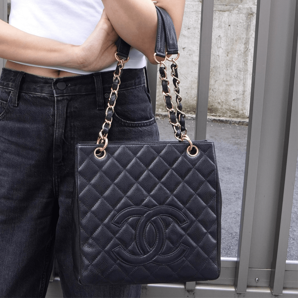 シャネル ココマーク マトラッセ キャビアスキン PSTバッグ チェーン トートバッグ ブラック