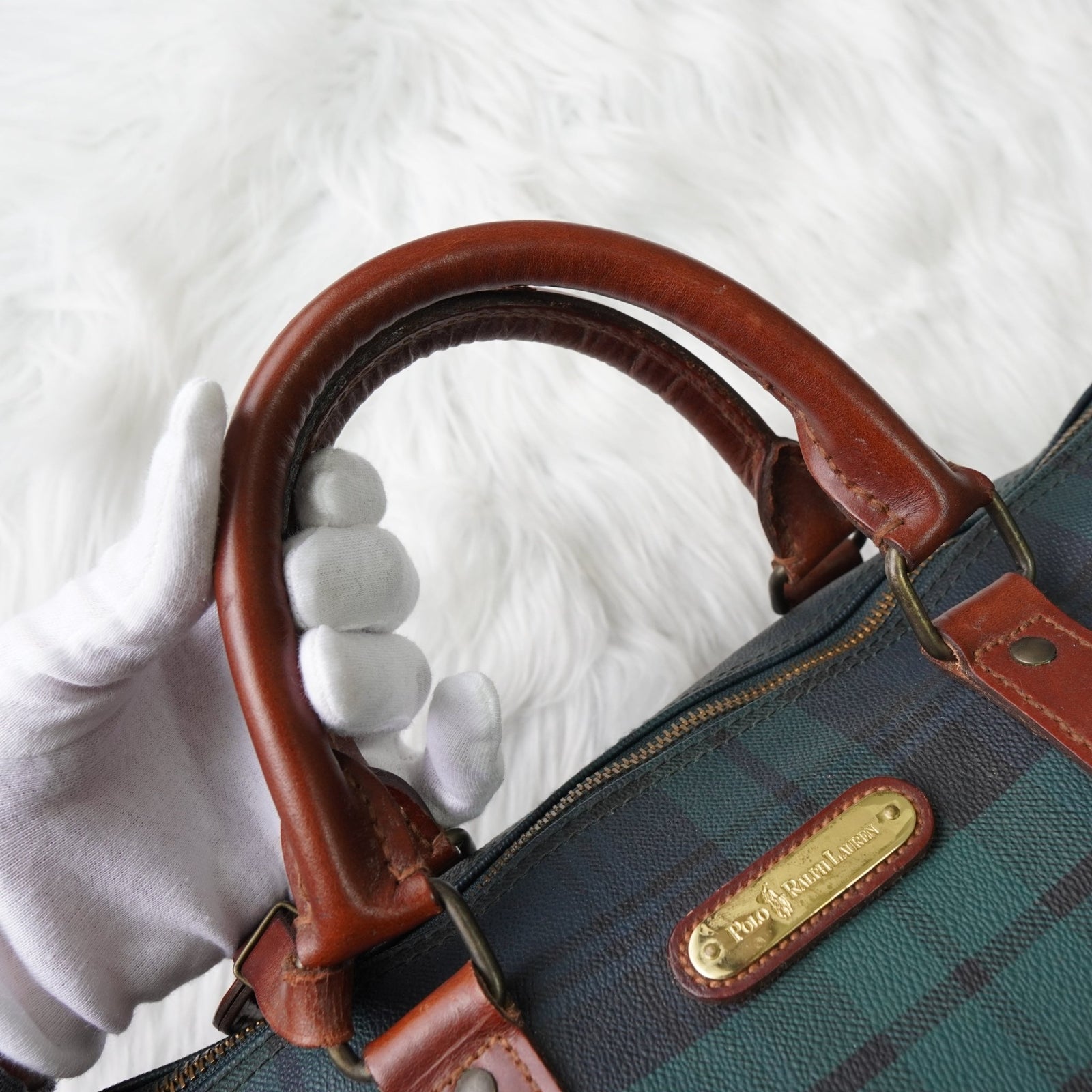 Polo Ralph Lauren Checkered Mini Boston Bag PVC/Leather Dark Green