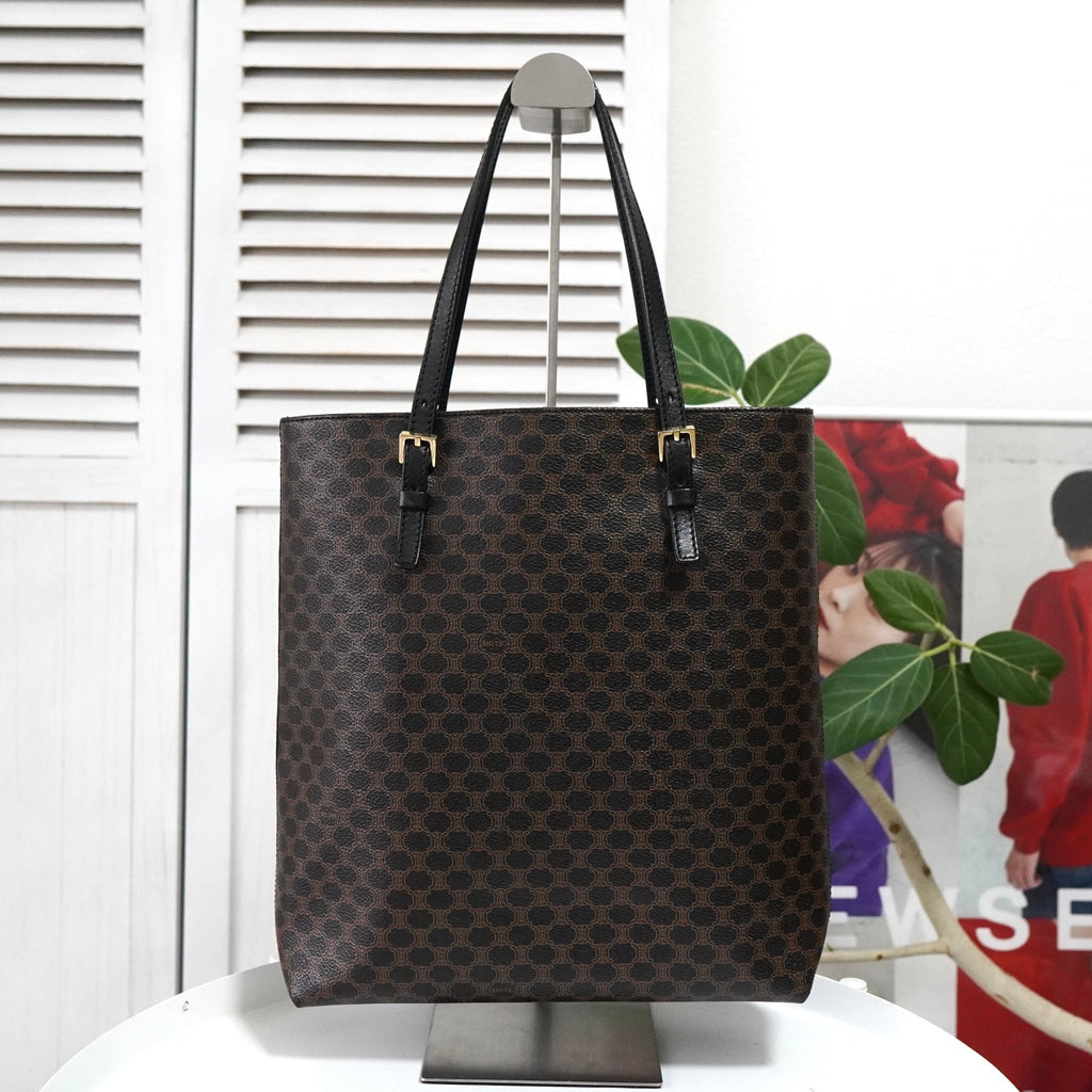 セリーヌ マカダム PVC レザー トートバッグ ハンドバッグ ブラウン ブラック