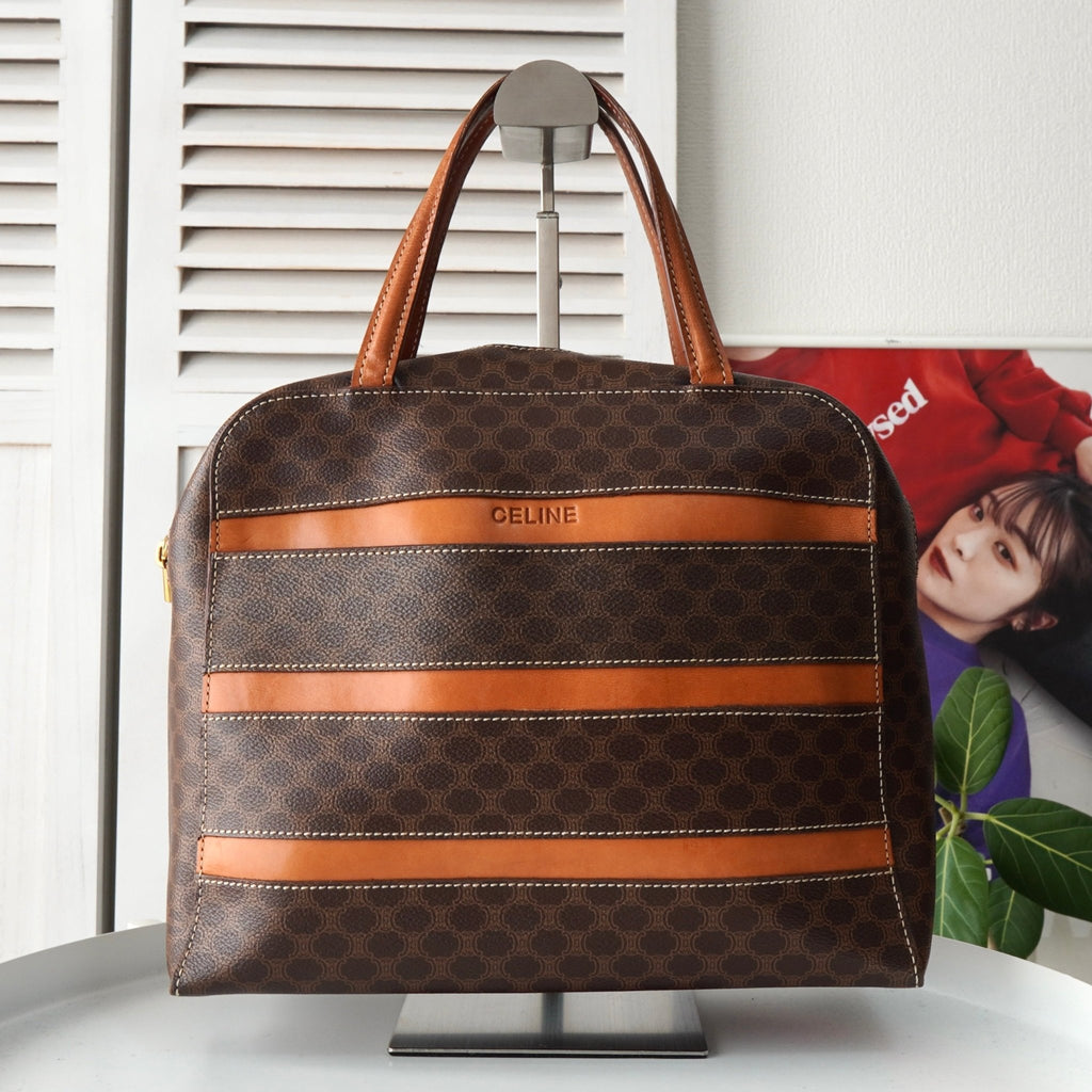 Celine Vintage Macadam PVC/Leather Handbag Freestanding Brown
