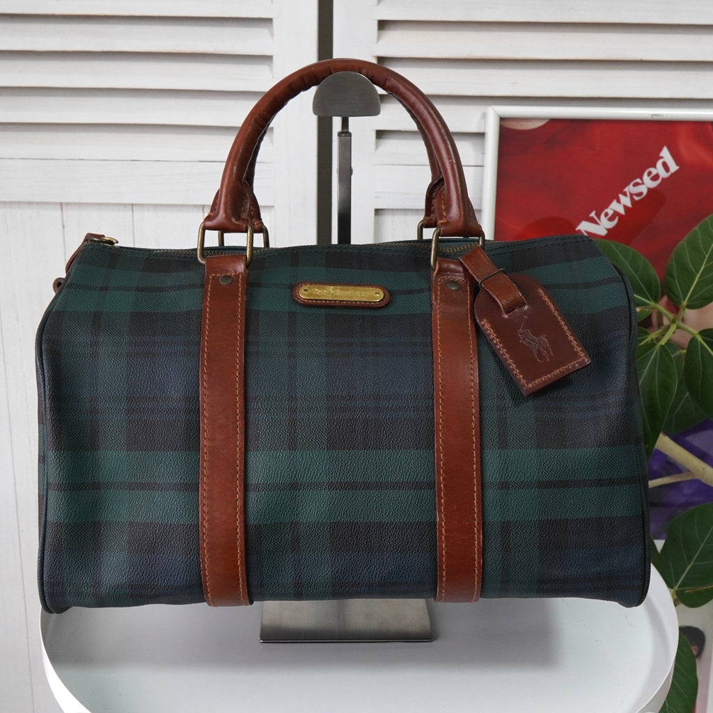 ポロ ラルフローレン チェック柄  PVC ミニボストンバッグ ハンドバッグ グリーン