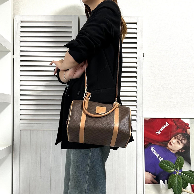 セリーヌ ヴィンテージ マカダム PVC /レザー 2way ミニボストンバッグ ハンドバッグ ショルダーバッグ ブラウン - NEWSED