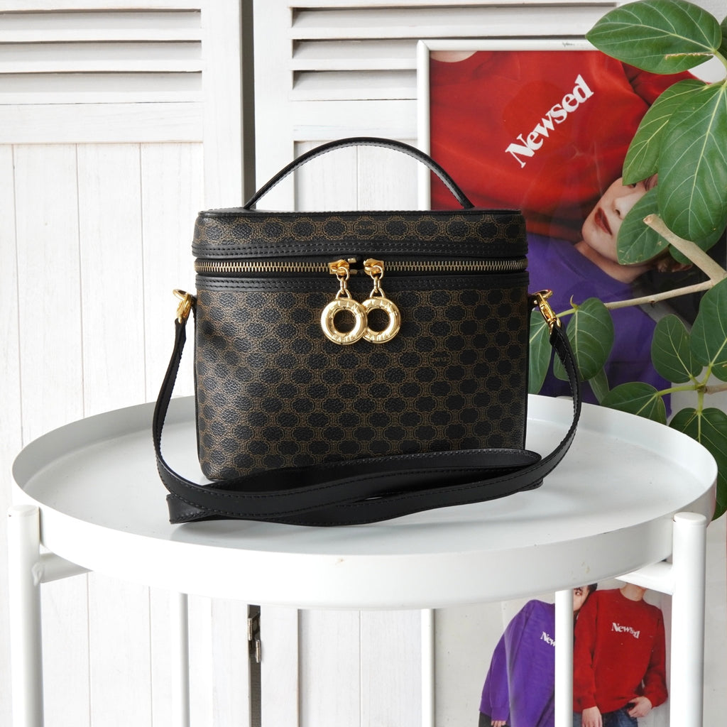 セリーヌ マカダム PVC / レザー 2way バニティバッグ ハンドバッグ ショルダーバッグ ミニバッグ ブラウン / ブラック