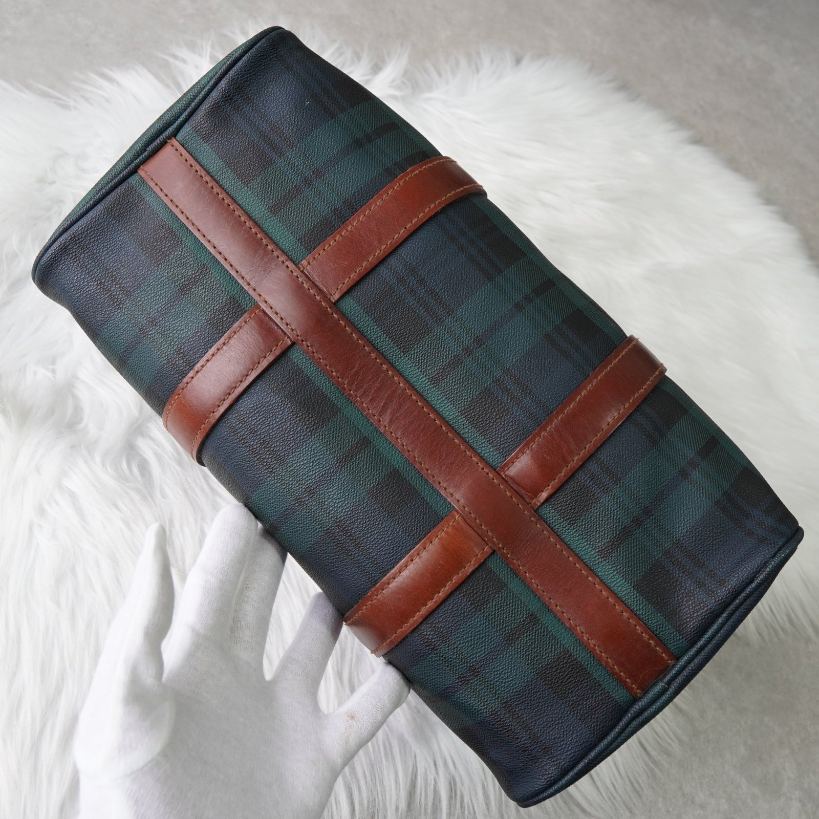 Polo Ralph Lauren Checkered Mini Boston Bag PVC/Leather Dark Green