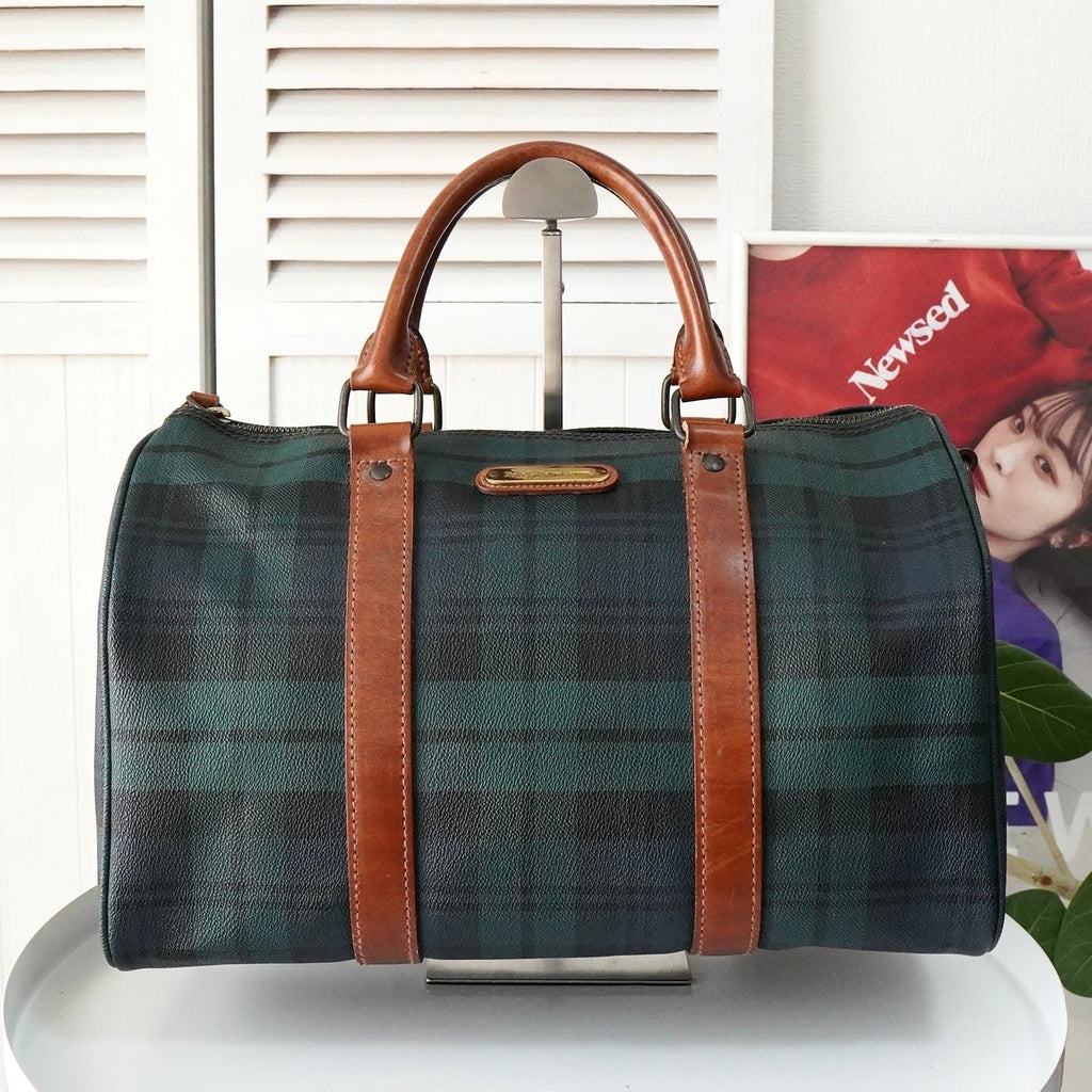 ラルフローレン チェック柄 PVC / レザー ミニボストンバッグ ハンドバッグ グリーン / ブラウン