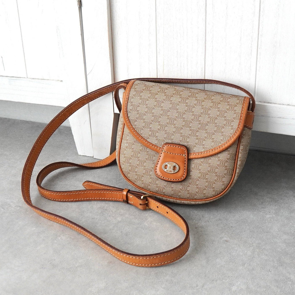 セリーヌ ヴィンテージ マカダム PVC / レザー ミニ ショルダーバッグ ベージュ / キャメル