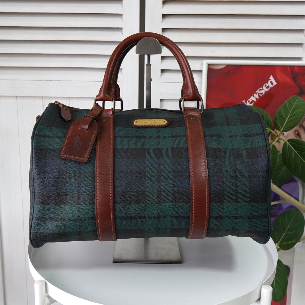 ポロ ラルフローレン チェック柄  PVC ミニボストンバッグ ハンドバッグ グリーン