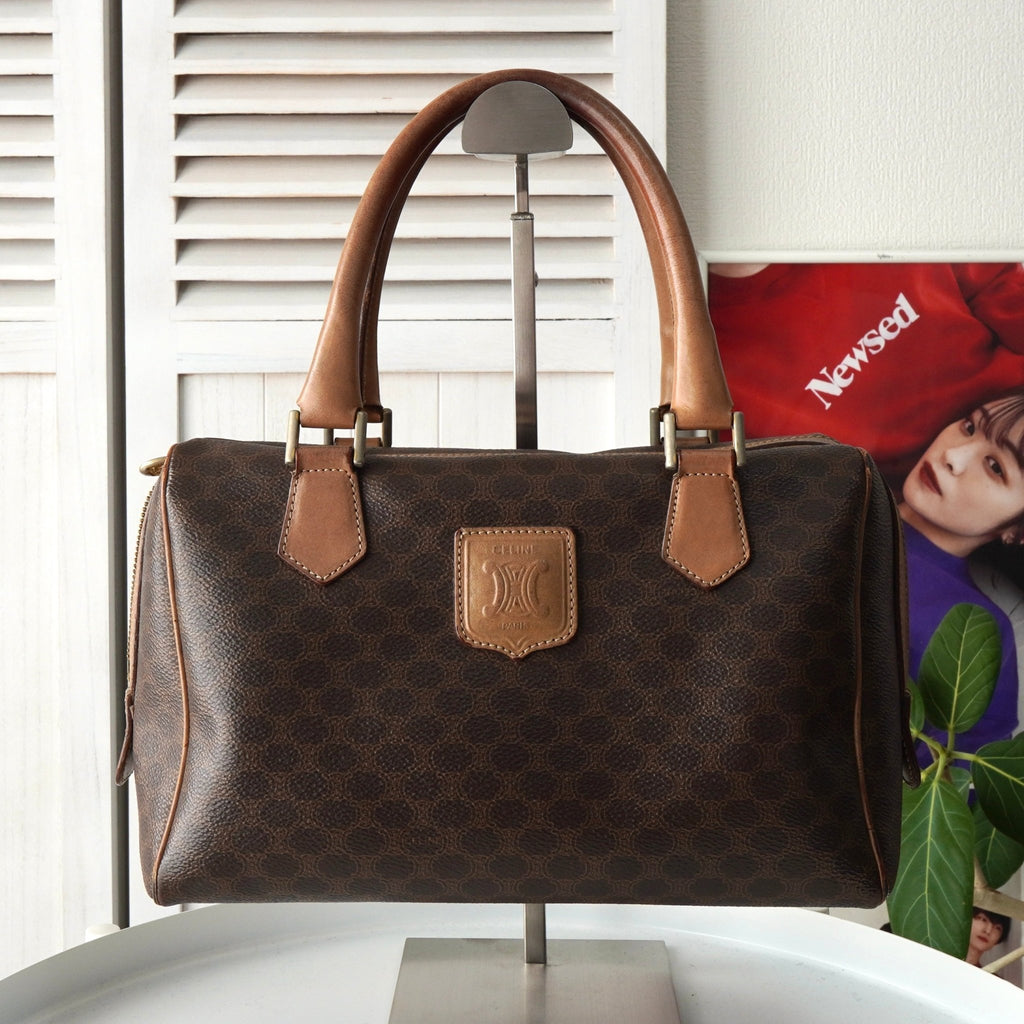 Celine Vintage Macadam PVC/Leather Mini Boston Bag Handbag Brown