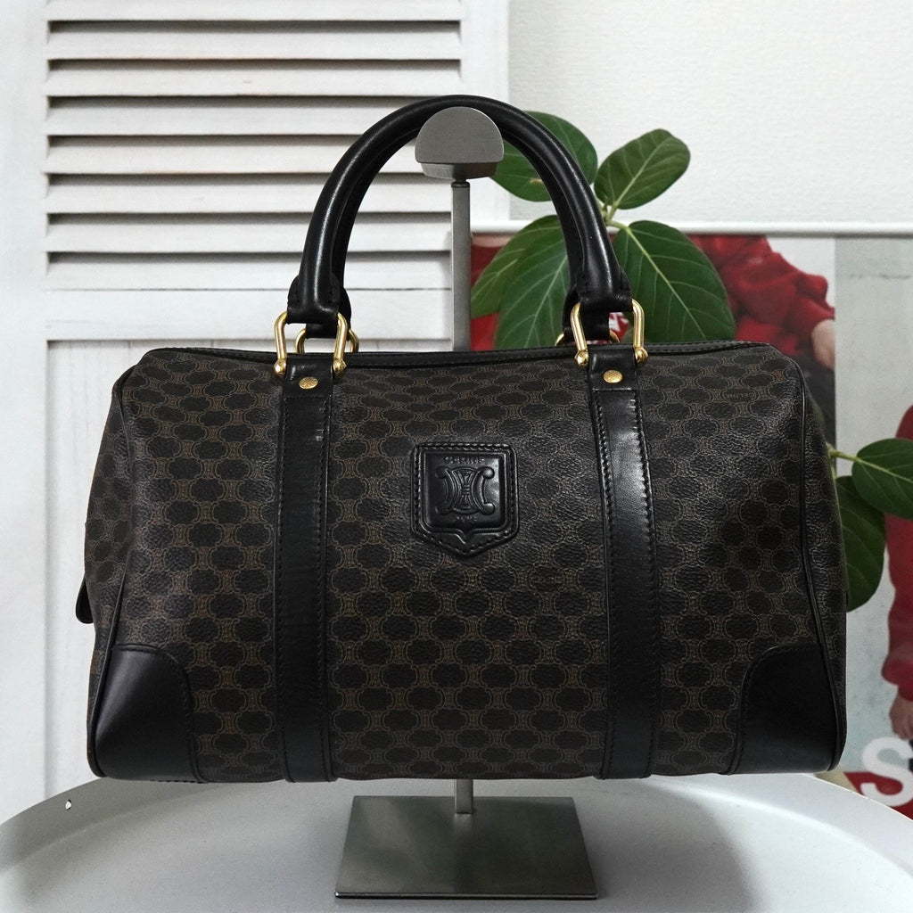 セリーヌ マカダム PVC レザー ミニボストンバッグ ハンドバッグ ブラウン ブラック