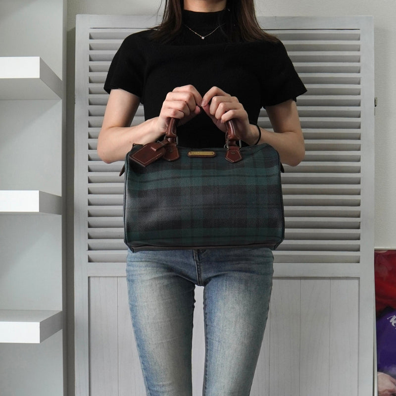ポロ ラルフローレン チェック柄 PVC ハンドバッグ ミニボストンバッグ グリーン - NEWSED