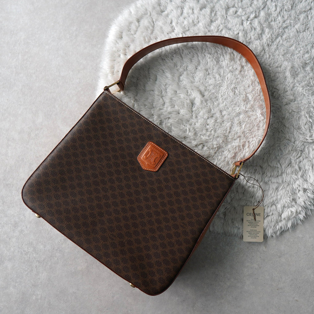 Celine Vintage Macadam PVC/Leather One Shoulder Bag Brown Deadstock