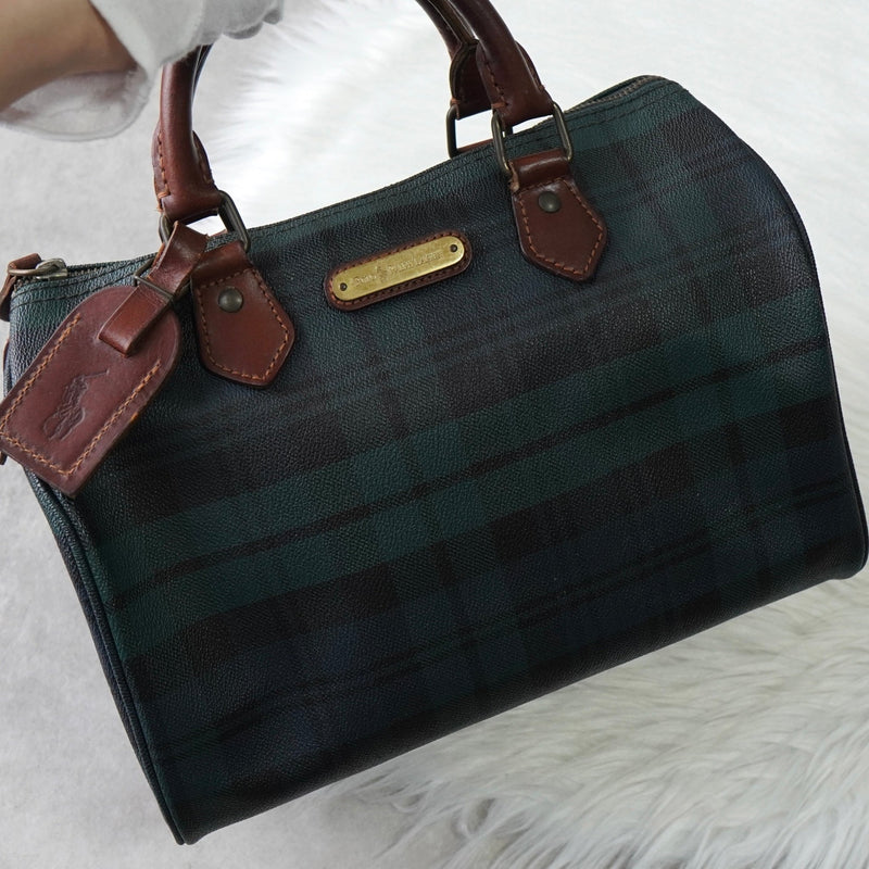 ポロ ラルフローレン チェック柄 PVC ハンドバッグ ミニボストンバッグ グリーン - NEWSED