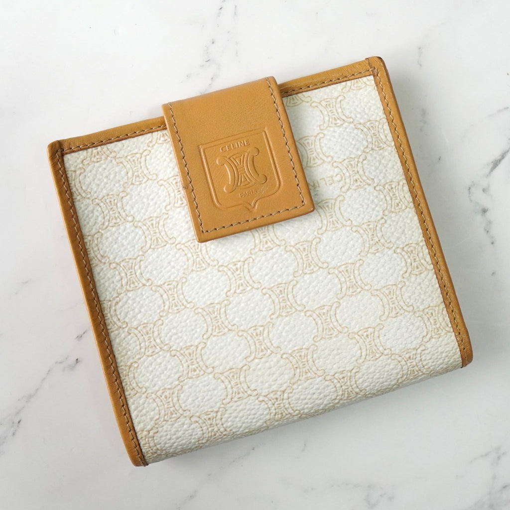 セリーヌ マカダム PVC / レザー 二つ折り財布 ホワイト / ベージュ