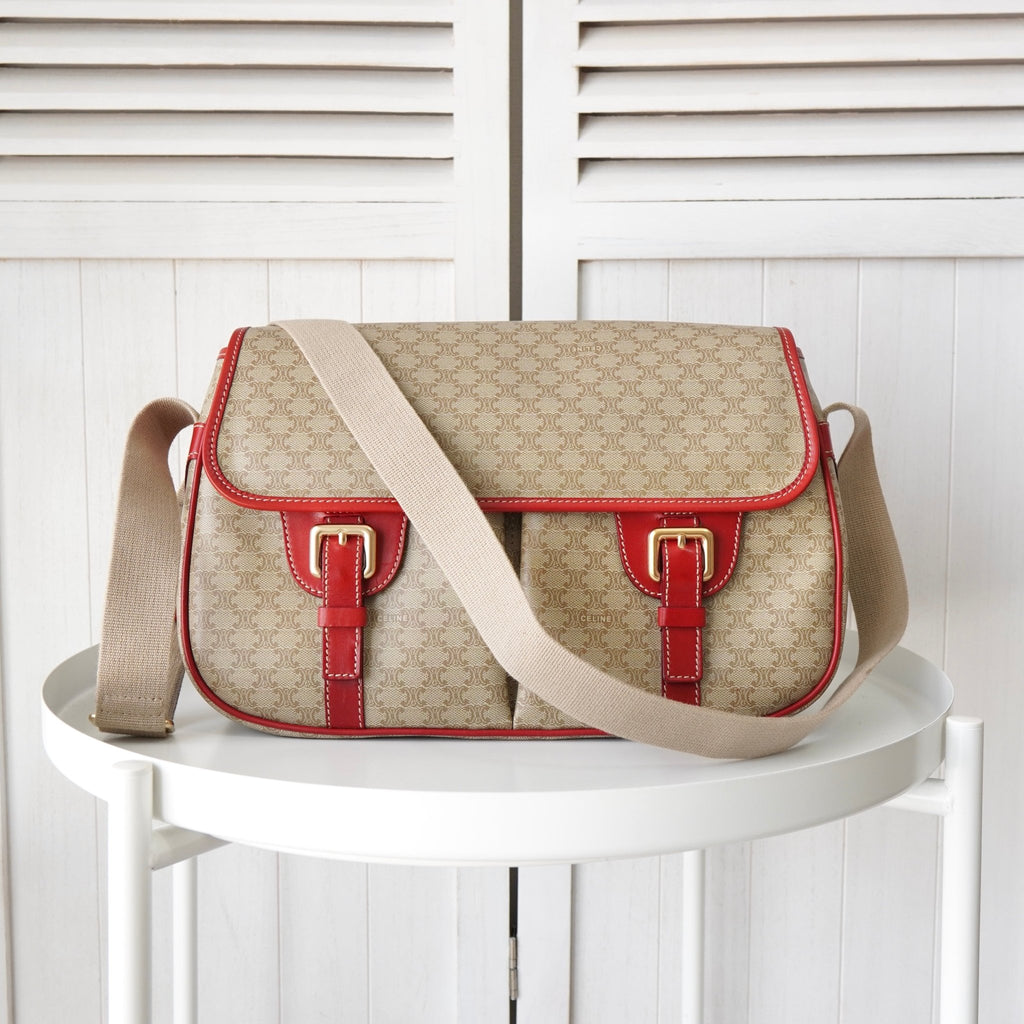 セリーヌ マカダム PVC メッセンジャーバッグ ショルダーバッグ ベージュ / レッド