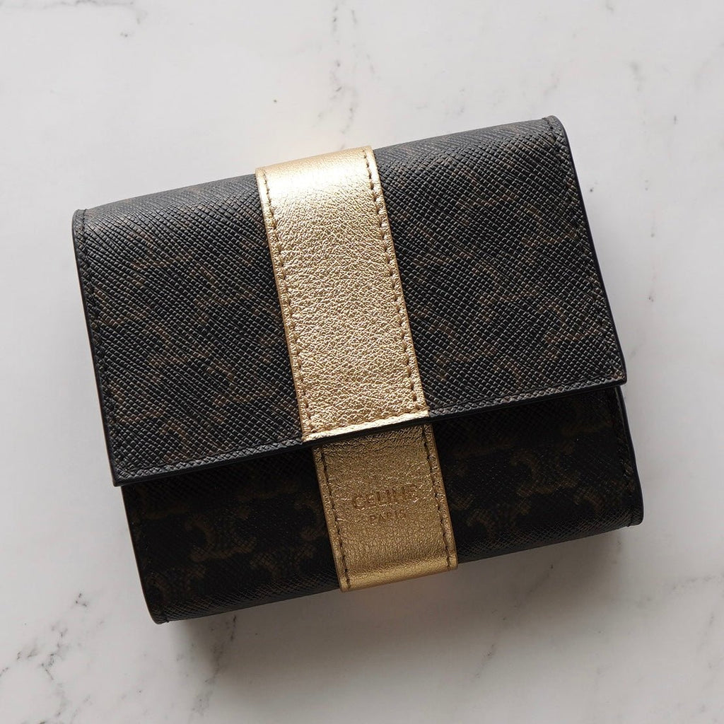 セリーヌ PVC/レザー コンパクトウォレット 三つ折り財布 ブラウン/ゴールド