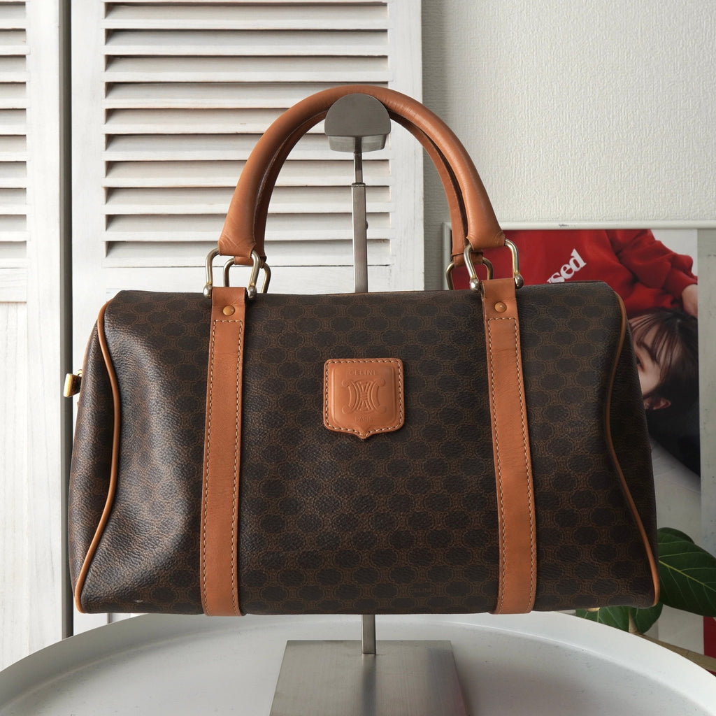 Celine Vintage Macadam PVC/Leather Mini Boston Bag Handbag Brown
